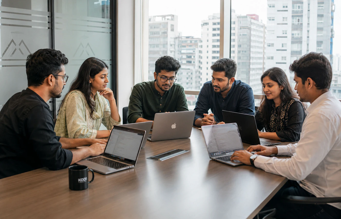 A young team talking through a plan around a table of laptops