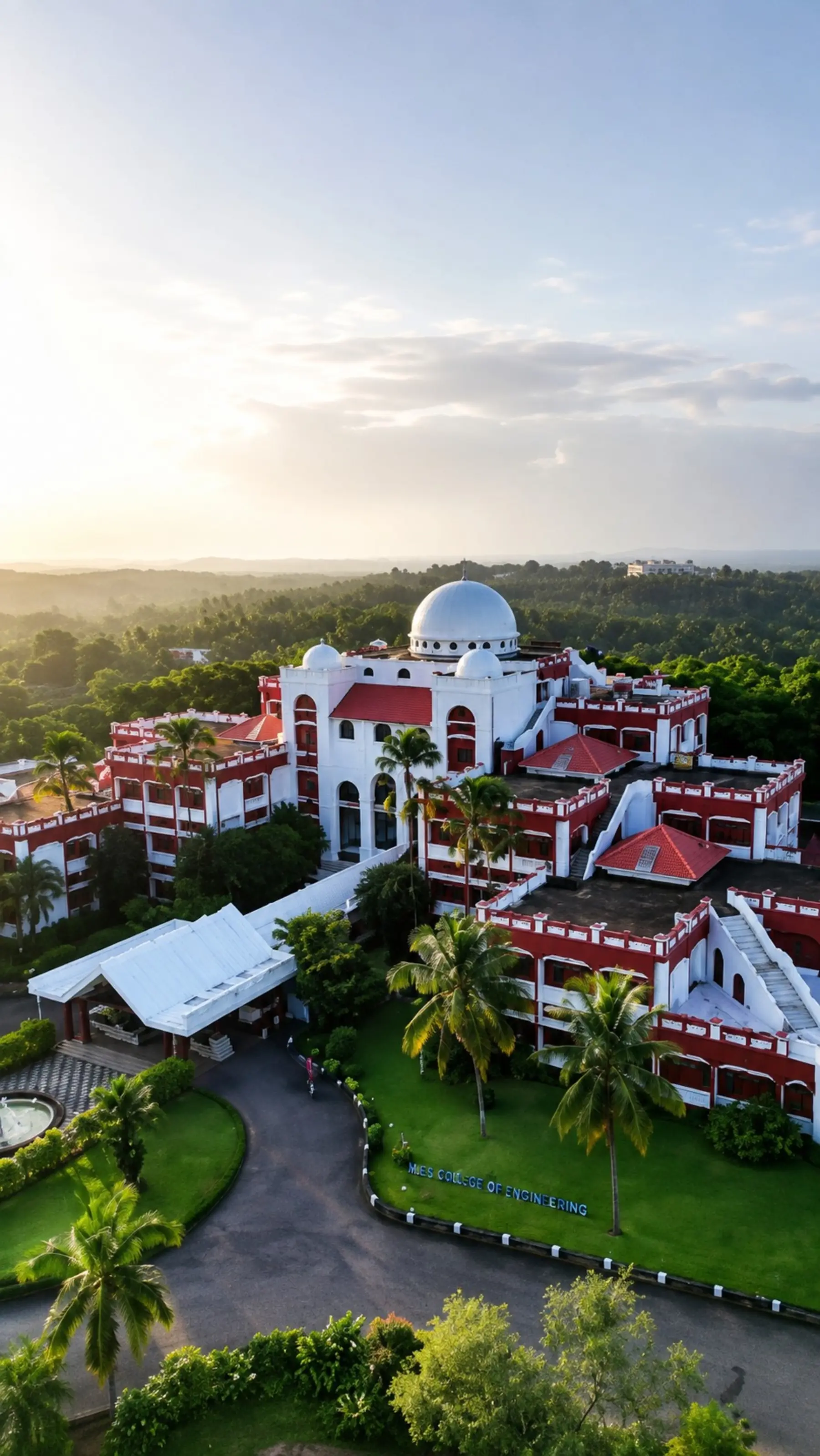 Aerial view of the MES College of Engineering campus at sunrise, with its white dome and red-and-white buildings among palm trees