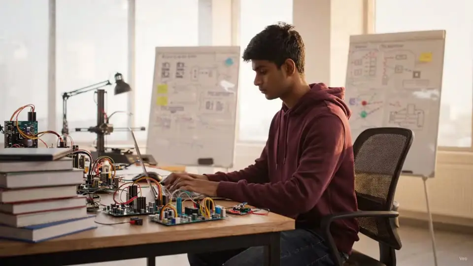 A student working alone on an electronics prototype at a desk with a whiteboard behind him